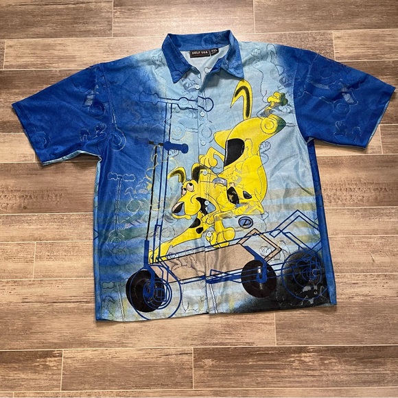 Vintage Y2K Delf USA Graphic Men's Short Sleeve Button Up Blue - Picture 1 of 5